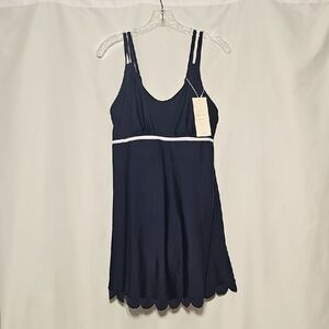 NWT Dokotoo Navy Blue Swim Dress Scalloped Hem White Trim Size L